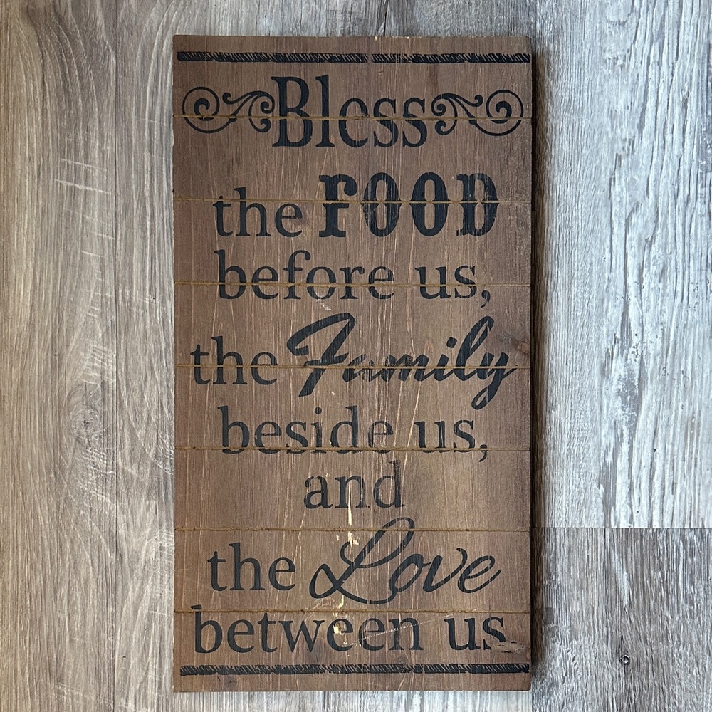 Bless the Food Family Love Wooden Wall Sign - Brown with Black Lettering